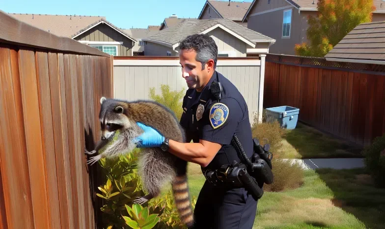 Brave Officer Larry Saves Stranded Raccoon from Backyard Fence